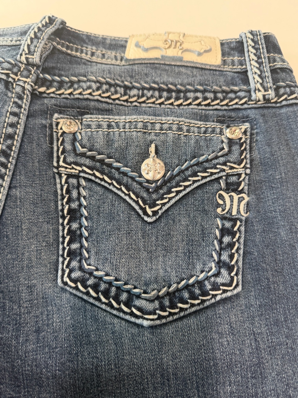 Miss Me Women's Blue Boot Cut Jeans with White Stitching